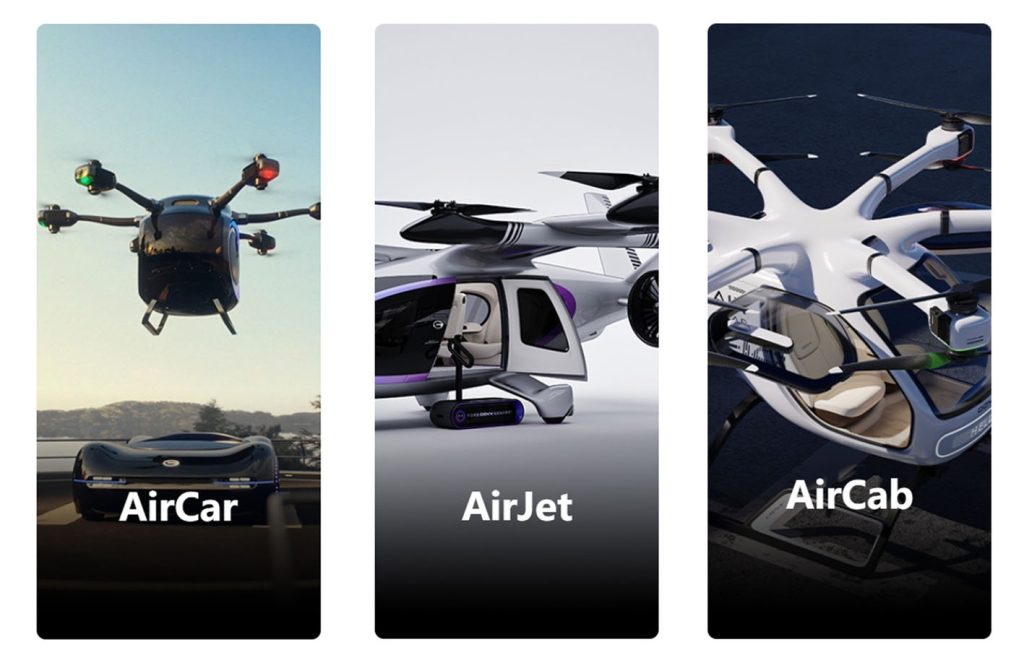 分体式飞行汽车GOVY AirCar、多旋翼飞行汽车GOVY AirCab和复合翼飞行汽车GOVY AirJet